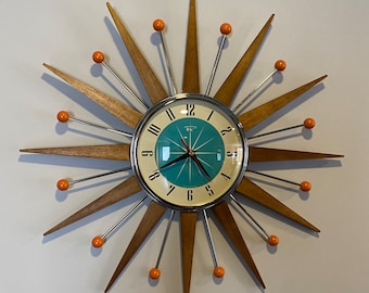 21 inch Hand Made Mid Century style Starburst Clock by Royale - Welby style Medium Teak Rays & with a Turquoise 1950's Dial