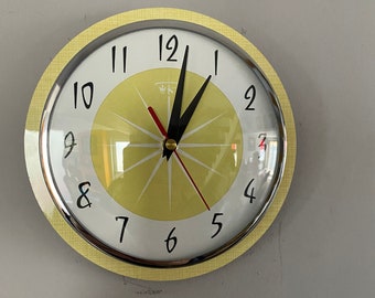 Colour Etched Formica Caravan Kitchen Wall Clock from Royale - Midcentury Atomic Jetsons Retro style in Lemon.