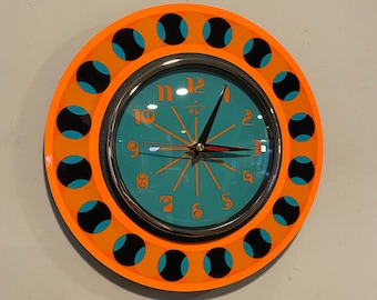 Silent 1970's style Laminate Wall Clock in Neon Tangerine & Turquoise with Turquoise Face from Royale