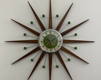 Royale Starburst Wall Clock Mid Century Modern style Chrome Frame Silent Medium Teak Rays Avocado Face & Atomic Balls British Made