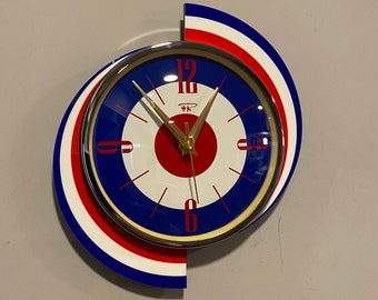 Red White & Blue  Mid Mod Spinning Meteor Formica Caravan Wall Clock from Royale - Midcentury Atomic Jetsons Retro style.