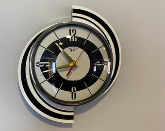 Colour Etched Spinning Meteor Caravan Wall Clock from Royale - Midcentury Atomic 1970's Retro style Black White 2 Tone