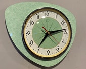 Handmade Asymmetric Queens Gambit style Wall Clock in Jadeite Green with Starburst Dial from Royale - Midcentury French Atomic Retro.