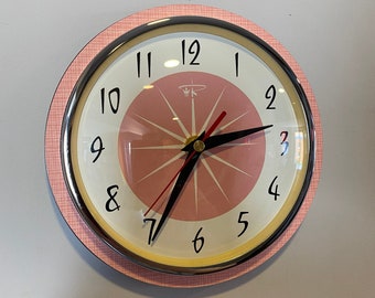 Colour Etched Formica Caravan Kitchen Wall Clock from Royale - Midcentury Atomic Jetsons Retro style in Pink