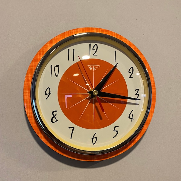 Colour Etched Formica Caravan Kitchen Wall Clock from Royale - Midcentury Atomic Jetsons Retro style in Neon Tangerine