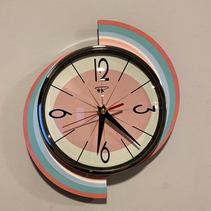 Colour Etched Spinning Meteor Formica Caravan Wall Clock from Royale - Midcentury Atomic Jetsons Retro style.