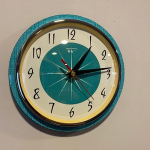 Colour Etched Formica Caravan Kitchen Wall Clock from Royale - Midcentury Atomic Jetsons Retro style in Turquoise