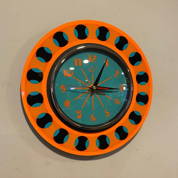 Silent 1970's style Laminate Wall Clock in Neon Tangerine & Turquoise with Turquoise Face from Royale