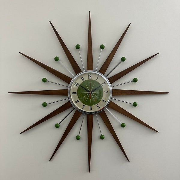 Royale Starburst Wall Clock Mid Century Modern style Chrome Frame Silent Medium Teak Rays Avocado Face & Atomic Balls British Made