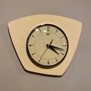 Handmade Asymmetric Formica Wall Clock in Beige & Gold from Royale - Midcentury French Atomic Retro style
