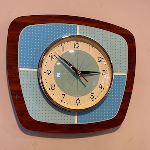 Handmade 1970&#39;s style Faux Walnut Wall Clock with Soft & Fresh Blue Dotty Design 1950&#39;s style face from Royale