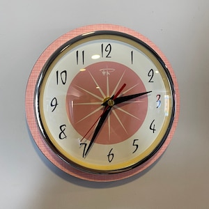 Colour Etched Formica Caravan Kitchen Wall Clock from Royale - Midcentury Atomic Jetsons Retro style in Pink
