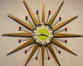 27 inch Hand Made Mid Century style Starburst Clock by Royale - Welby style Blonde Teak Rays Red Balls Lime Green Piano Key Dial