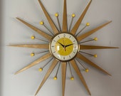 27 inch Hand Made Mid Century style Starburst Clock by Royale - Hand Waxed Blonde Teak Rays with 1950s style Bumble Bee Yellow Dial