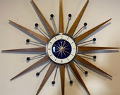 27 inch Hand Made Mid Century style Starburst Clock by Royale Medium Teak Rays 1950 39 s Dial in Navy White with Navy Balls