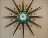 27 inch Hand Made Mid Century style Starburst Sunburst Clock by Royale - Medium Teak Rays Turquoise 1950 39 s Dial Balls