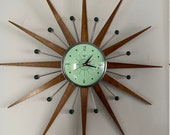 27 inch Hand Made Mid Century style Starburst Sunburst Clock by Royale - Jade Green 1950s Face Medium Teak Wood Rays