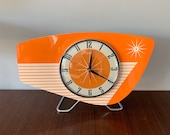 Handmade colour etched Lucite Formica Mantle Clock in Bright Orange from Royale - Midcentury French Atomic Retro style