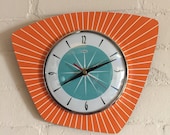 Handmade Asymmetric Formica Wall Clock in Tangerine with Turquoise Face from Royale - Midcentury French Atomic Retro style