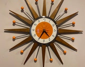 21 inch Hand Made Mid Century style Starburst Clock by Royale - 1950s Tangerine Face, Medium Teak Wood Rays Tangerine Balls