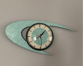 Colour Etched Lucite Formica Wall Clock from Royale - Midcentury Atomic Boomerang Retro style in Light Turquoise Mint