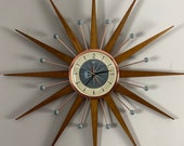 27 quot Hand Made Mid Century style Starburst Clock by Royale - Welby style Medium Teak Rays with Dove Grey Cream Dial