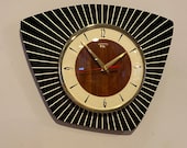 Handmade Asymmetric Formica Wall Clock in Black, Cream Faux Walnut from Royale - Midcentury French Atomic Retro style