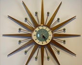27 inch Hand Made Mid Century style Starburst Clock by Royale - Welby style Medium Teak Rays with Sage Green Dial