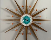 27 inch Hand Made Mid Century style Starburst Sunburst Clock by Royale - Welby style Medium Teak Rays with Turquoise Dial