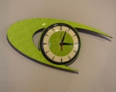 Colour Etched Lucite Formica Wall Clock from Royale - Midcentury Atomic Boomerang Retro style in Smeg Chartreuse Apple Green