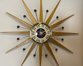 27 inch Hand Made Mid Century style Starburst Clock by Royale - Welby style Blonde Teak Rays Navy Blue Piano Key Dial