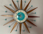 21 inch Hand Made Mid Century style Starburst Sunburst Clock by Royale - Welby style Medium Teak Rays with Turquoise Dial