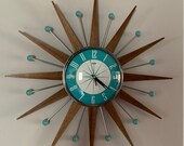 20 inch Hand Made Mid Century style Starburst Sunburst Clock by Royale - Medium Teak Rays Turquoise 1950 39 s Dial Balls