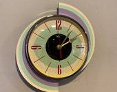 Colour Etched Spinning Meteor Formica Caravan Wall Clock from Royale - Midcentury Atomic 1970 39 s Retro style.