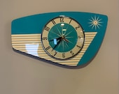 Handmade Formica Wall Clock in Turquoise from Royale - Midcentury French Atomic Retro style with Starburst Formica Design