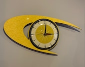 Colour Etched Lucite Formica Wall Clock from Royale - Midcentury Atomic Boomerang Retro style in Smeg Yellow