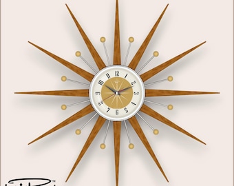 May include: A starburst wall clock featuring a central circular face with a gold and white dial, black numerals, and thin hands. Long, pointed wooden rays extend outward, interspersed with thin metal rods topped with small gold spheres.