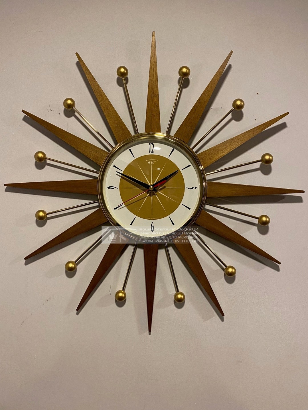 Mid Century Modern Starburst Wall Clock: Teak Rays &amp; Gold Atomic Balls ...