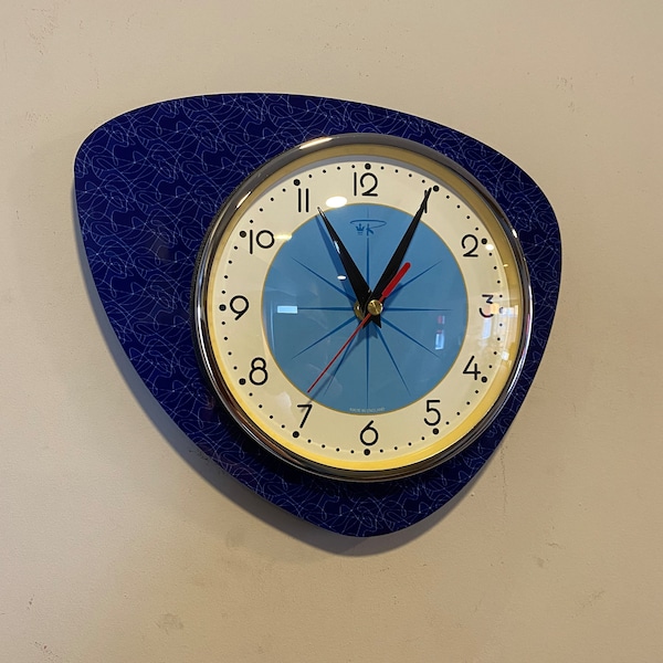 Handmade Asymmetric Queens Gambit style Wall Clock in Navy with Starburst Dial in Ice Blue from Royale - Midcentury French Atomic Retro.