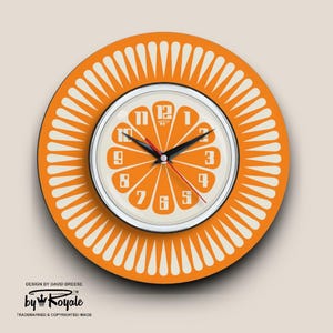 Wall Clock Mid-Century Modern: Handmade Royalexe Laminate 1970s Segment Orange Choice of 12 Colours