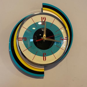 Top Selling Royalexe Spinning Meteor Caravan Wall Clock by Royale in Turquoise - Midcentury Atomic Jetsons Retro in Free Gift Bag.