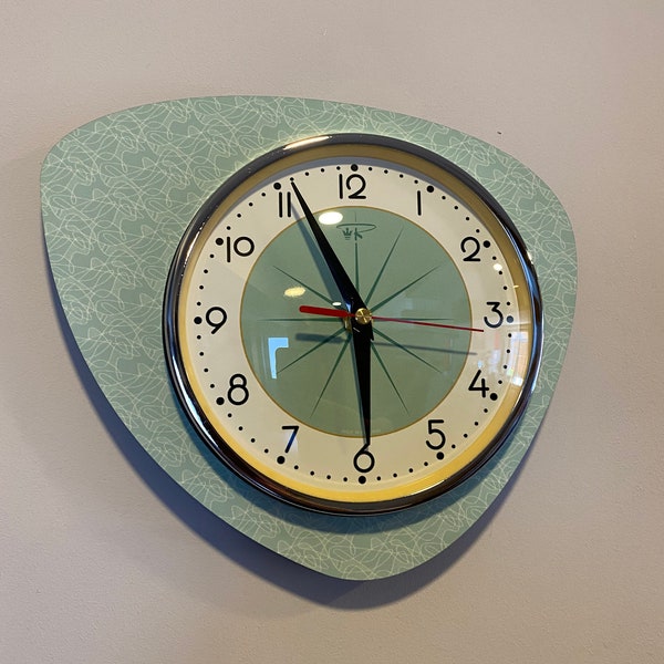 Handmade Asymmetric Queens Gambit style Wall Clock in Sage Green with Starburst Dial from Royale - Midcentury French Atomic Retro.