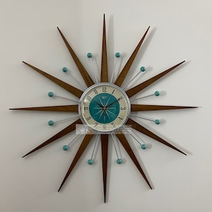 Royale Starburst Wall Clock Mid Century Modern style Chrome Frame Silent Medium Teak Rays New Turquoise Face & Atomic Balls British Made