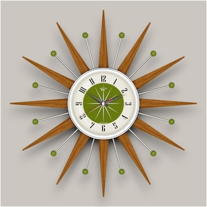 Mid Century Modern style Starburst Wall Clock in stylish Avocado - 19&quot;, 21&quot;, 27&quot; or 30&quot; Statement Time Piece.