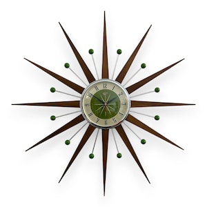Mid Century Modern style Starburst Clock By Royale Silent Clock Solid Teak Rays Avocado Face & Atomic Balls British Made