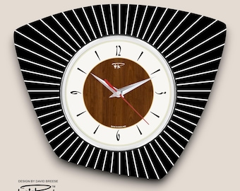 Handmade Mid-Century Modern Wall Clock: Atomic Black & Cream, Faux Walnut