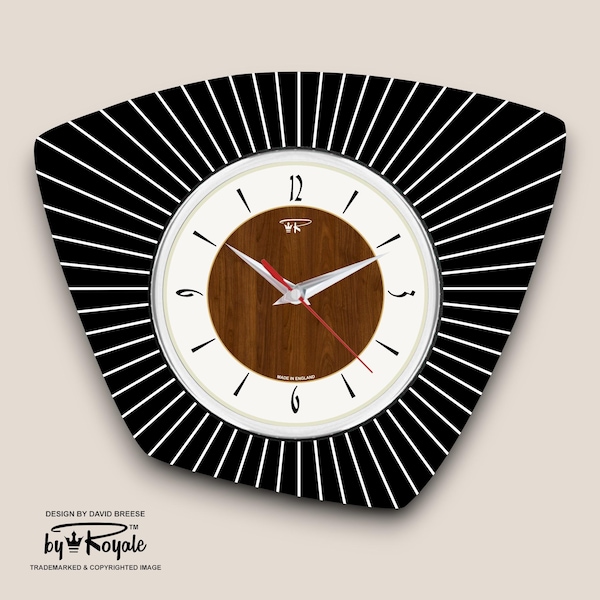 Reloj de pared moderno de mediados de siglo, hecho a mano: negro atómico y crema, imitación nogal.