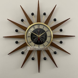 19 inch Hand Made Mid Century style Majestic Starburst Clock by Royale Medium Teak Rays, Black & Goldtone