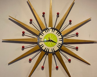 27 inch Hand Made Mid Century style Starburst Clock by Royale - Welby style Blonde Teak Rays Red Balls & Lime Green Piano Key Dial