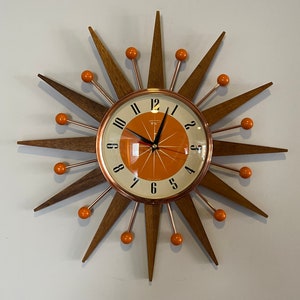 Small 19 inch Hand Made Mid Century style Starburst Sunburst Clock by Royale - Medium Teak Rays Tangerine Welby Dial & Orange Balls